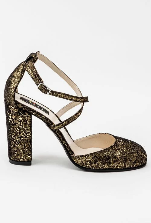 Pantofi din piele naturala cu glitter auriu Yolanda
