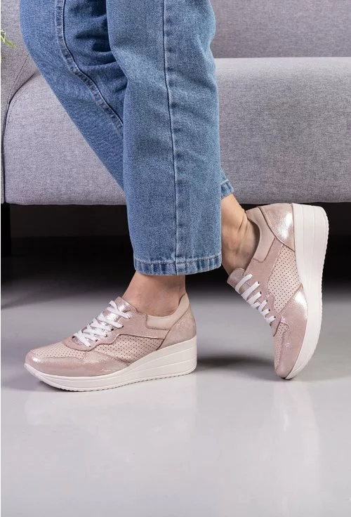Pantofi din piele naturala nuanta roz pal cu insertii sclipitoare