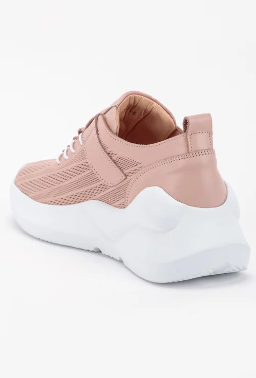 Pantofi din piele naturala nuanta roz pal cu siret si scai