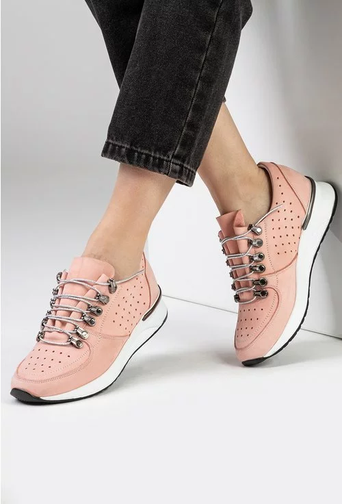 Pantofi din piele naturala perforata nuanta roz pal