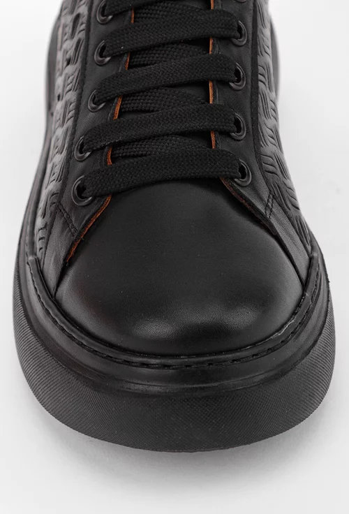 Pantofi din piele neagra cu insertii piele argintie si rosie