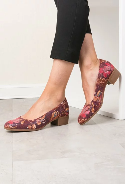 Pantofi grena din piele naturala cu imprimeu floral colorat Rafaela