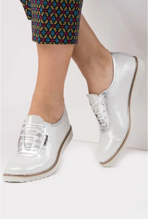 Pantofi gri sidefat cu argintiu din piele naturala Julia