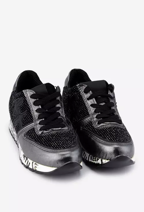 Pantofi KeepCalm negri cu argintiu din piele si material textil