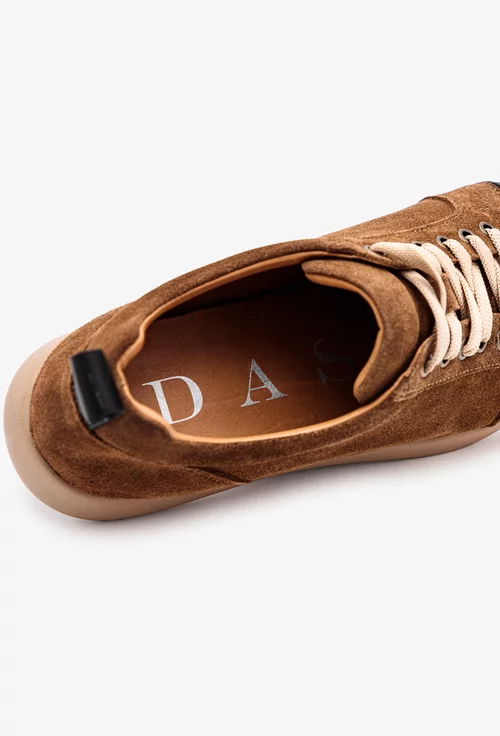 Pantofi maro din piele intoarsa cu detaliu negru