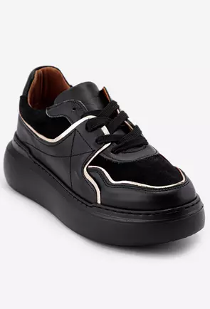 Pantofi negri cu auriu din doua tipuri de piele