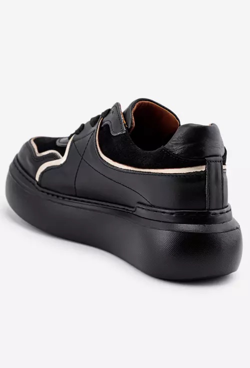 Pantofi negri cu auriu din doua tipuri de piele