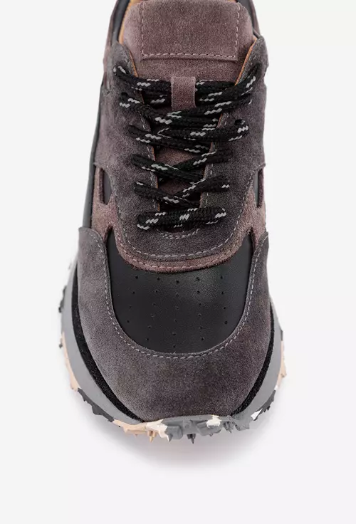 Pantofi negri cu gri si maro din doua tipuri de piele cu siret