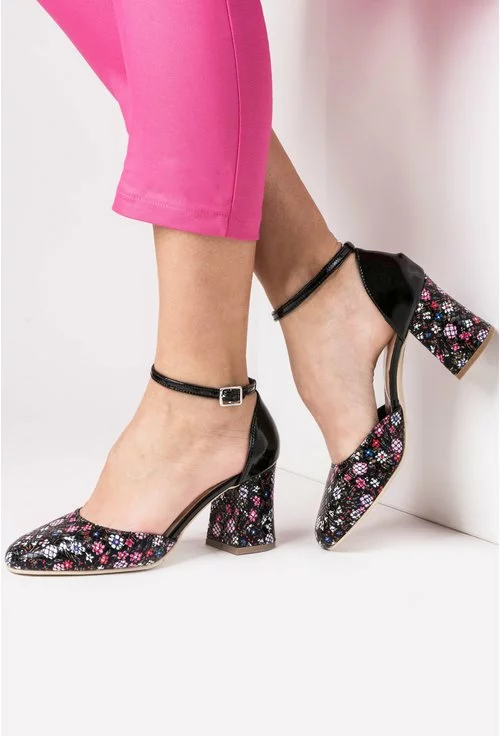 Pantofi negri cu model floral din piele naturala Cezane