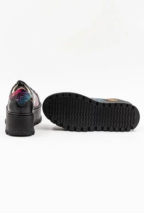 Pantofi negri din piele cu platforma si detaliu tip piele de sarpe
