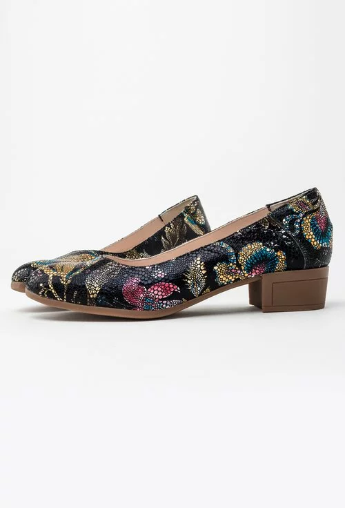 Pantofi negri din piele naturala cu imprimeu floral Rafaela