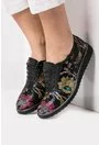 Pantofi negri din piele naturala cu model floral multicolor Rina
