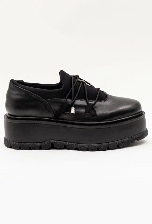 Pantofi negri din piele naturala cu siret elastic