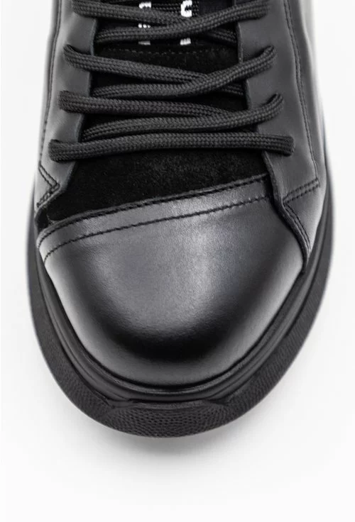 Pantofi negri din piele naturala si material textil