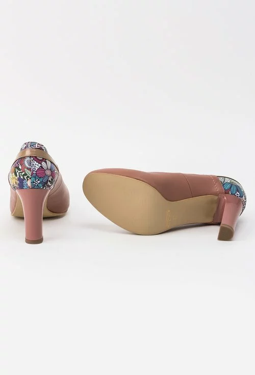 Pantofi nude din piele naturala cu imprimeu floral multicolor Jenifer
