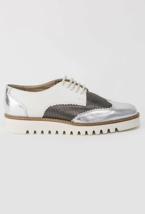 Pantofi Oxford alb cu argintiu si gri metalizat din piele naturala Ocsi