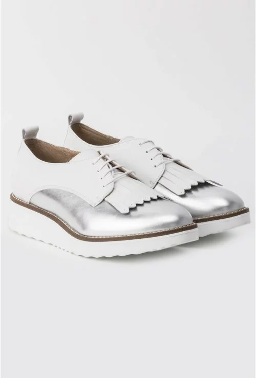 Pantofi Oxford alb cu argintiu din piele naturala Crina