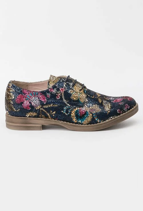 Pantofi Oxford bleumarin cu model floral multicolor din piele naturala Iamina