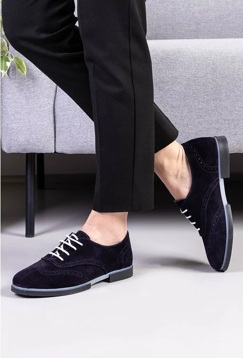 Pantofi Oxford bleumarin inchis din piele naturala intoarsa
