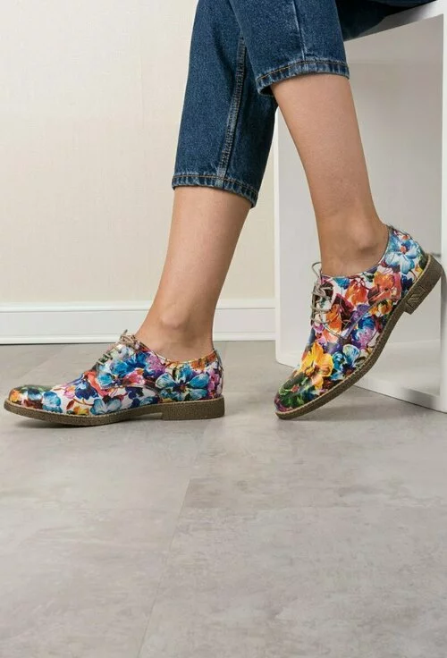 Pantofi Oxford din piele naturala cu imprimeu floral multicolor