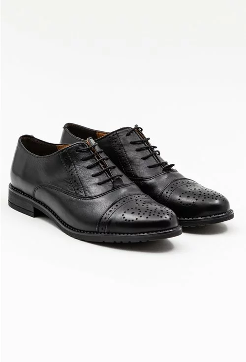 Pantofi Oxford negri din piele naturala cu detalii perforate