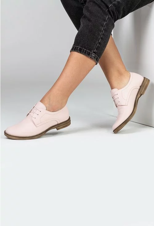 Pantofi oxford din piele naturala nuanta roz pal
