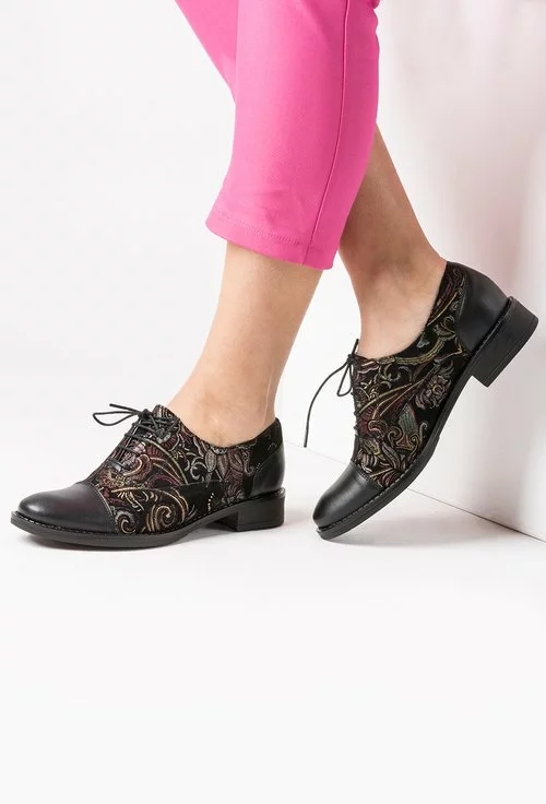 Pantofi Oxford negri din piele naturala cu imprimeu floral colorat Flores