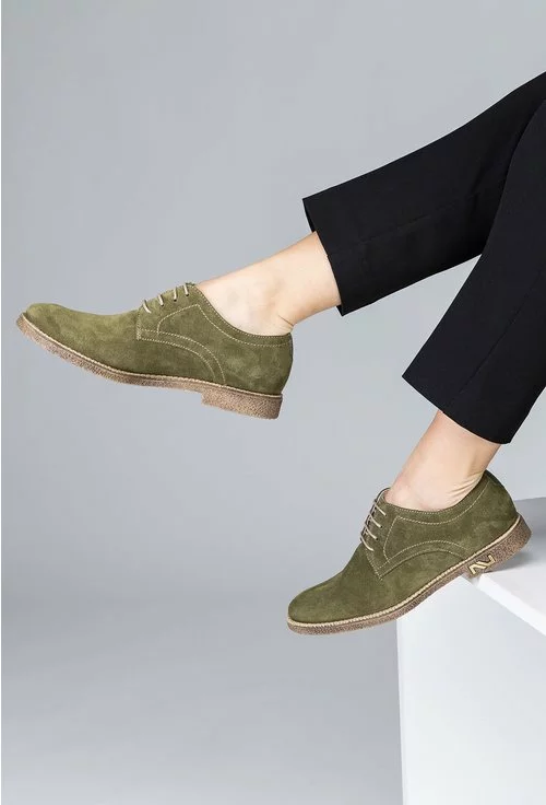Pantofi Oxford nuanta verde inchis din piele naturala intoarsa