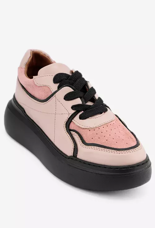 Pantofi roz cu negru din doua tipuri de piele