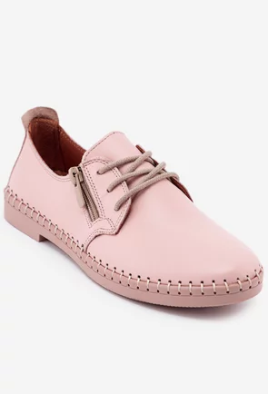 Pantofi roz din piele naturala cu siret si fermoar