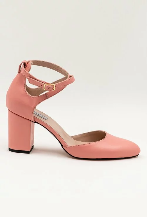 Pantofi roz din piele naturala cu toc
