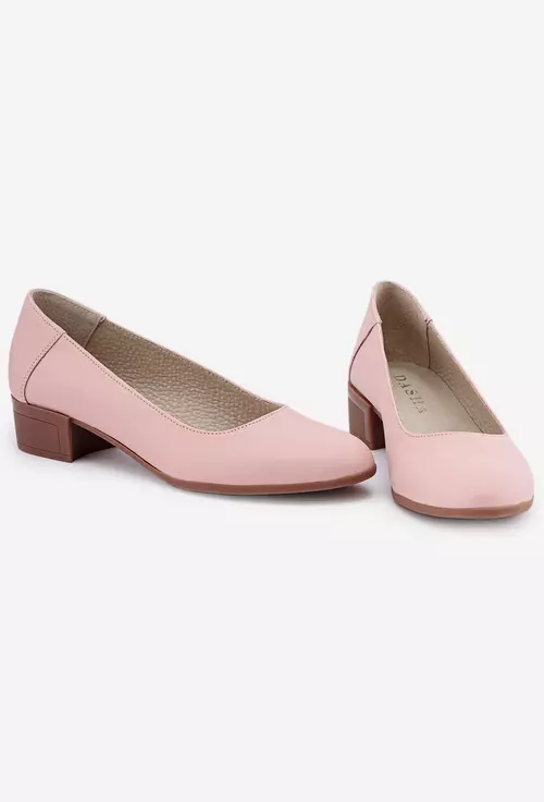 Pantofi roz din piele naturală cu toc maro