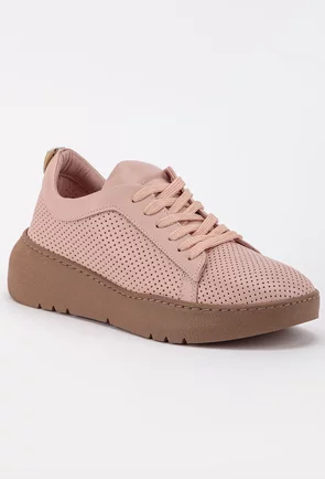 Pantofi roz din piele perforata cu talpa maro
