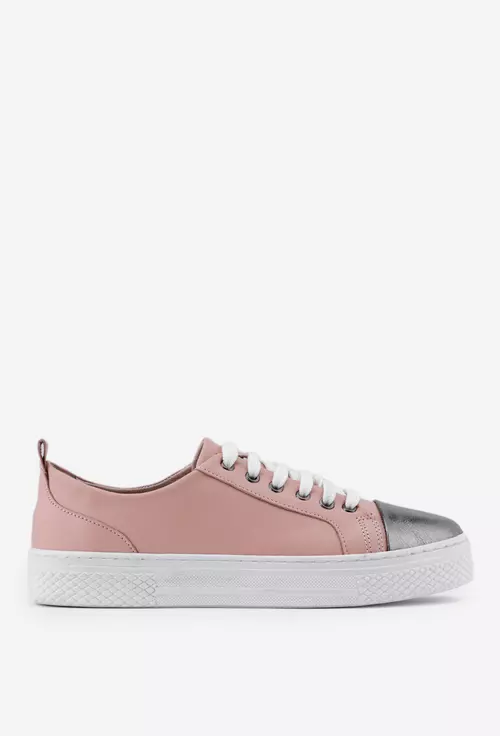 Pantofi roz pal cu argintiu din piele cu siret