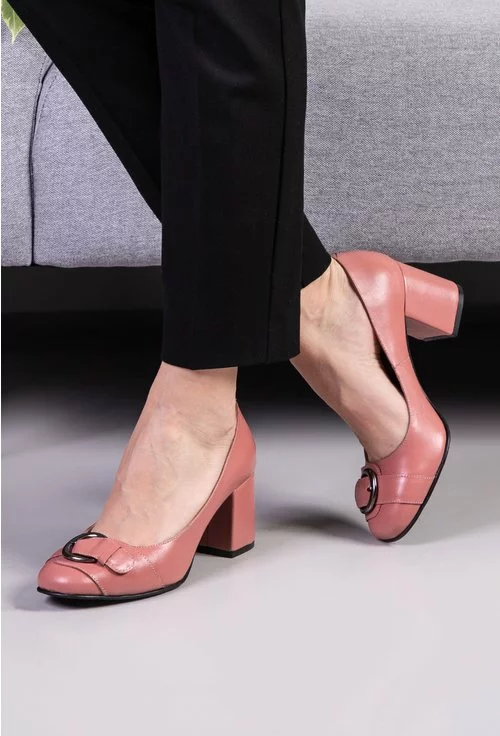 Pantofi roz pal din piele naturala cu accesoriu catarama