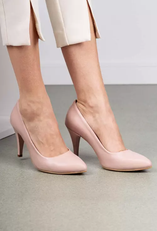 Pantofi roz sidefat din piele cu tocul subtire