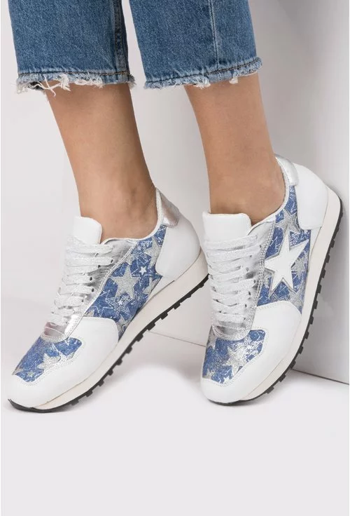 Pantofi sport alb cu denim si argintiu din piele naturala Starlette