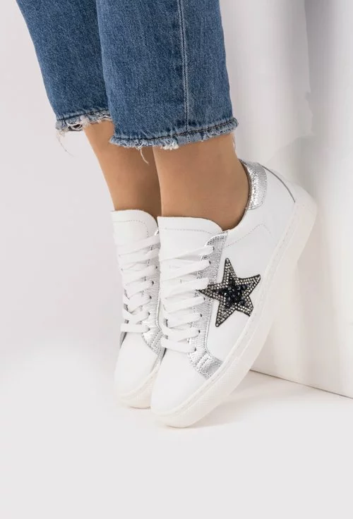 Pantofi sport albi cu argintiu din piele naturala Star
