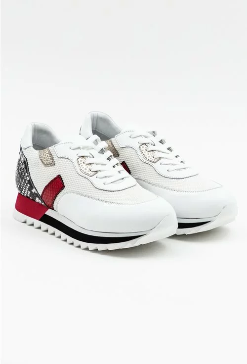 Pantofi sport albi cu detalii rosii si cu imprimeu tip piele de sarpe