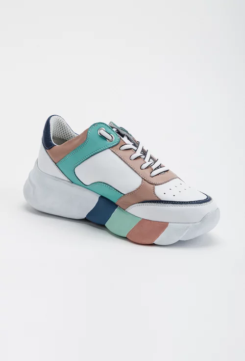 Pantofi sport albi cu roz, verde si albastru din piele