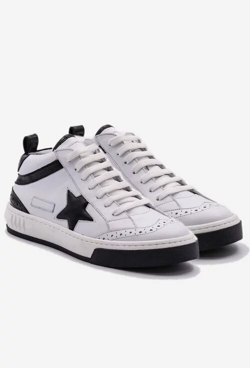 Pantofi sport albi din piele box cu siret si detaliu stea