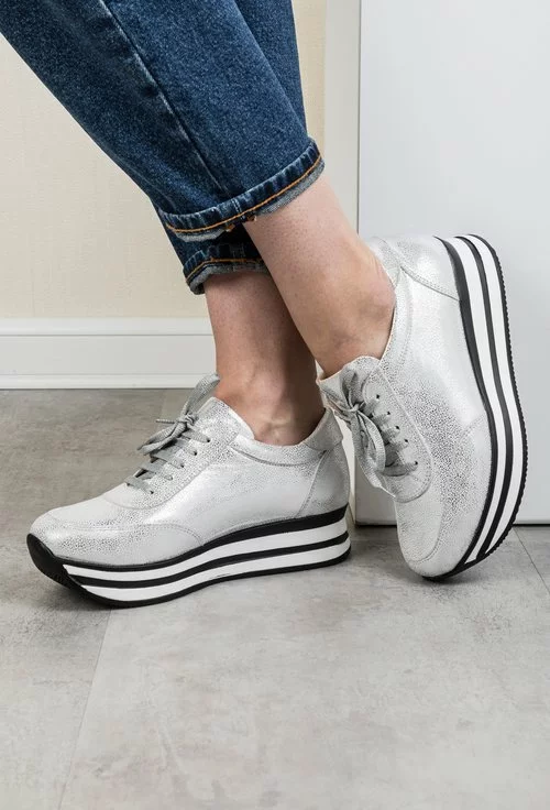 Pantofi sport argintii din piele naturala Claris
