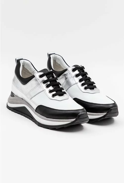 Pantofi sport din piele in nuante de alb, negru si argintiu