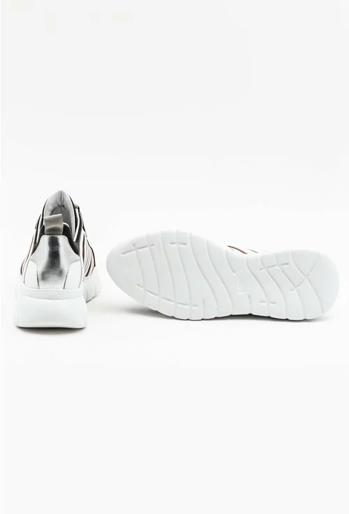 Pantofi sport din piele naturala bej cu alb si detalii negre si aurii