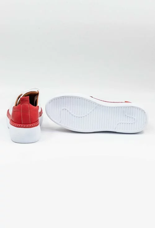 Pantofi sport din piele naturala in nuante de alb si rosu