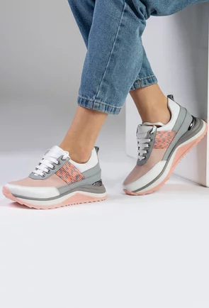 Pantofi sport din piele naturala in nuante de roz si gri
