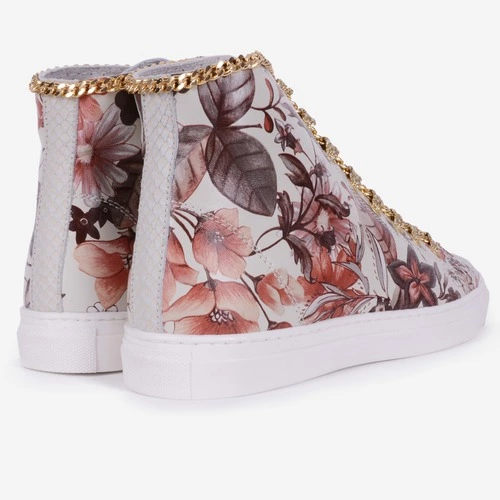Pantofi sport albi din piele naturala cu imprimeu floral Kellin