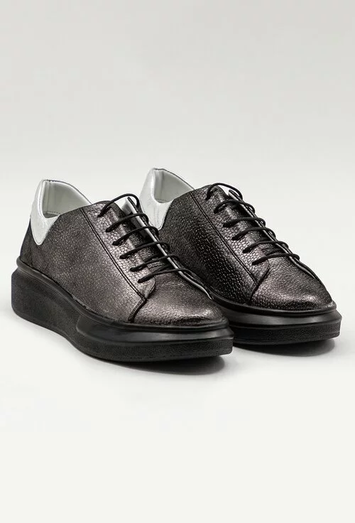 Pantofi sport din piele naturala nuanta gri cu insertii sclipitoare