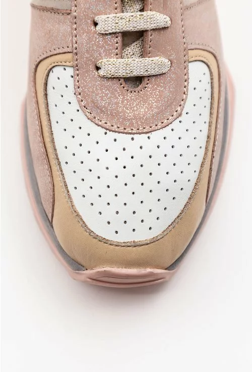 Pantofi sport din piele naturala roz pal cu insertii sclipitoare