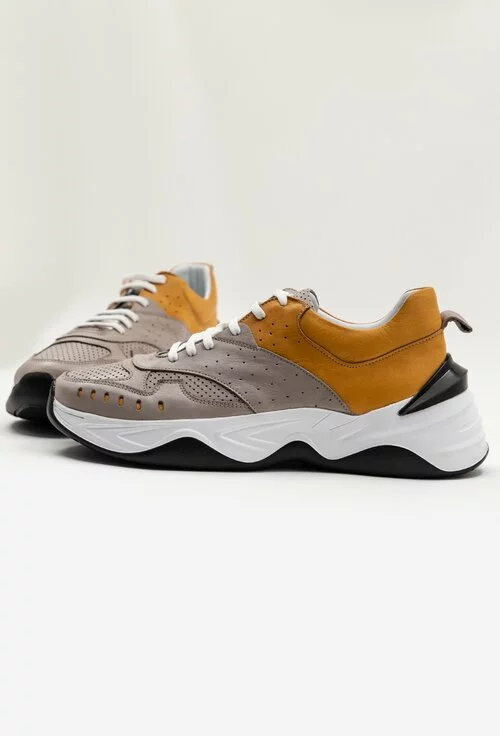 Pantofi sport din piele nuanta gri cu galben